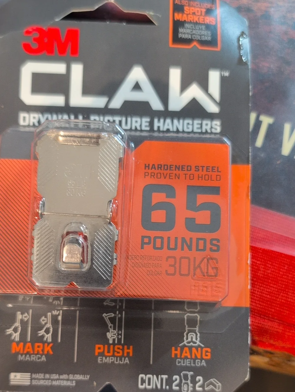 3M CLAW Drywall Picture Hangers - 65 Pounds - Silver/Orange